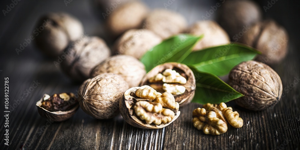 Walnuts and Leaves on Wooden Table Walnuts and Leaves on Wooden Table
