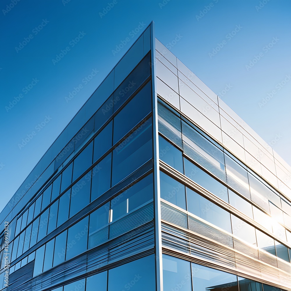A modern office building with a glass and steel exterior, showcasing sleek and contemporary architecture A modern office building with a glass and steel exterior, showcasing sleek and contemporary architecture
