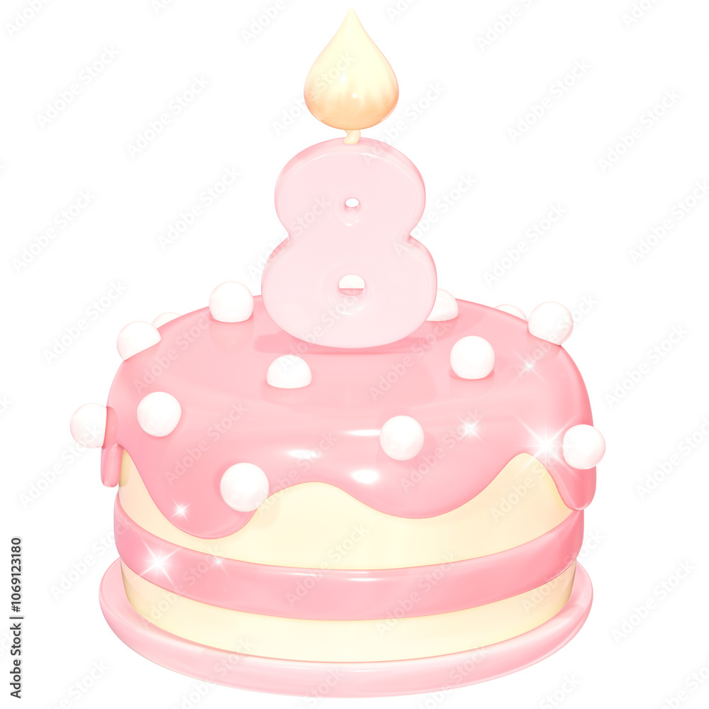 3D Cute Pink Birthday Cake with Number 8 Candle 3D Cute Pink Birthday Cake with Number 8 Candle