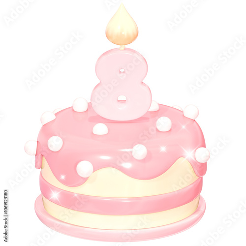 3D Cute Pink Birthday Cake with Number 8 Candle