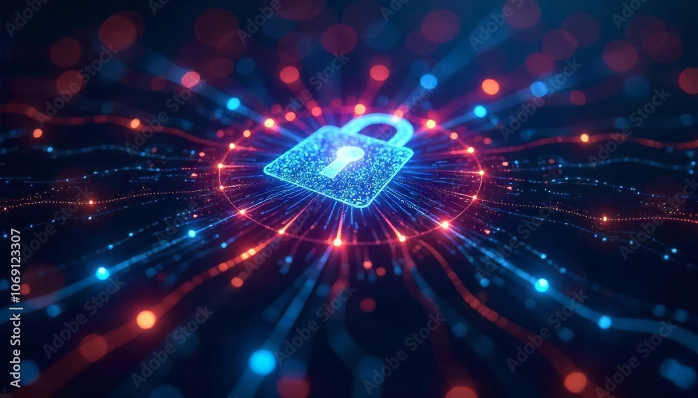 Obraz premium A glowing digital padlock symbolizes cybersecurity in a vibrant network of neon lights and connections.