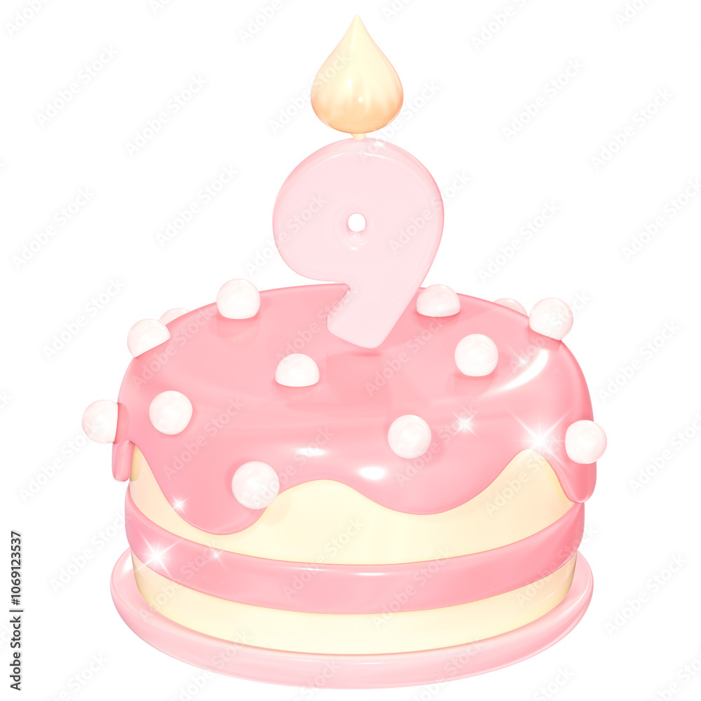3D Cute Pink Birthday Cake with Number 9 Candle