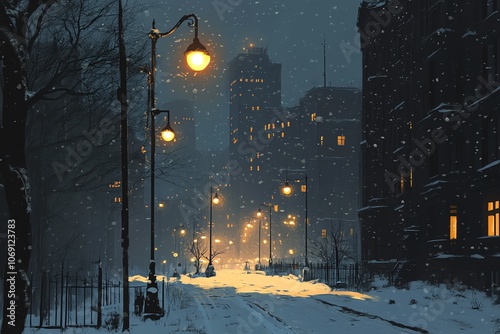 Paysage urbain enneigé de nuit avec les réverbères illuminant la neige.. photo