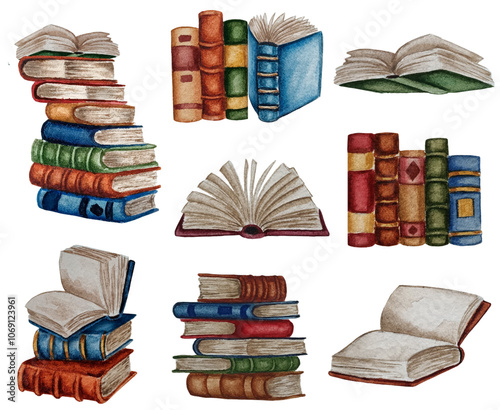 Watercolor stack of books clipart.  Books illustration. Book lover reading book diary clipart. Book shop bookstore library.