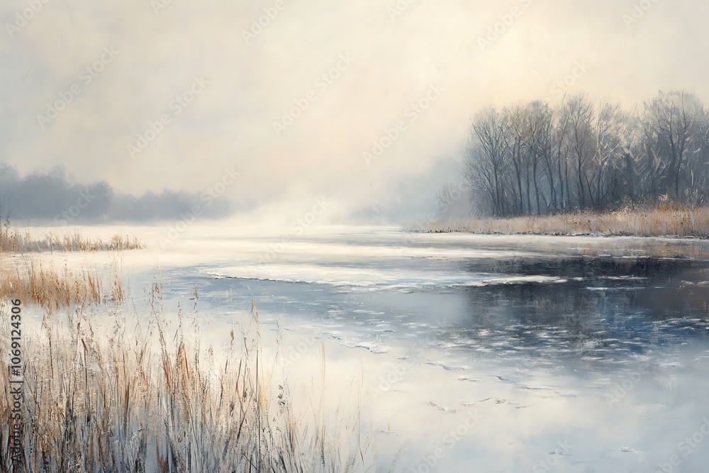 Matinée hivernale brumeuse sur un lac gelé avec des couleurs douces et une lumière tamisée.. Matinée hivernale brumeuse sur un lac gelé avec des couleurs douces et une lumière tamisée..