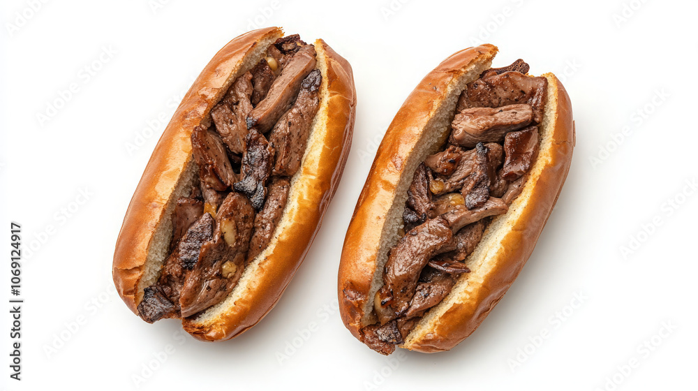 Two sandwich rolls filled with grilled beef, showcasing a delicious food presentation. Two sandwich rolls filled with grilled beef, showcasing a delicious food presentation.