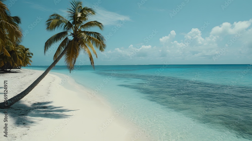 A peaceful beach features turquoise waters and a pristine white sandy shore, with a palm tree gently swaying in the breeze. This serene setting evokes a sense of relaxation and tropical paradise. A peaceful beach features turquoise waters and a pristine white sandy shore, with a palm tree gently swaying in the breeze. This serene setting evokes a sense of relaxation and tropical paradise.