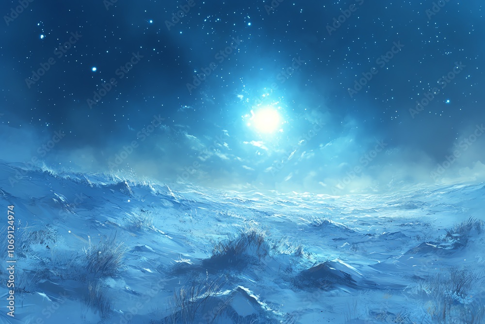 Fototapeta premium Plaine déserte couverte de neige sous un ciel étoilé lumineux..