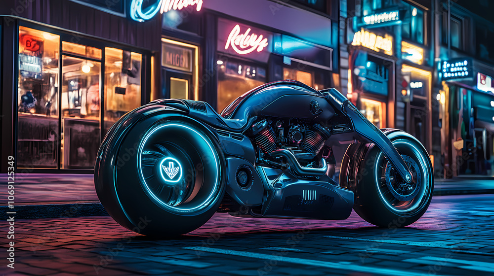 Futuristic motorcycle parked outside a fast food bar in a seedy cyberpunk street at night. wide cinematic view 3d rendering. Cyberpunk. Illustration Futuristic motorcycle parked outside a fast food bar in a seedy cyberpunk street at night. wide cinematic view 3d rendering. Cyberpunk. Illustration