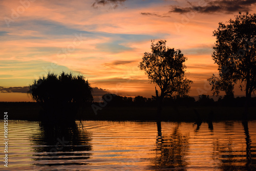 spectacularly and colorful sunset at Yellow Waters Billabong, Kakadu National Park, Northern Territory, Australia