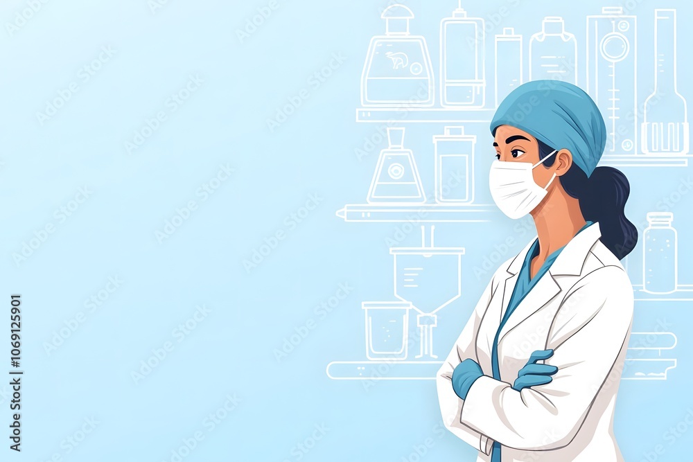 Female Scientist in Lab Coat and Mask with Lab Equipment Illustrations on Blue Background Female Scientist in Lab Coat and Mask with Lab Equipment Illustrations on Blue Background
