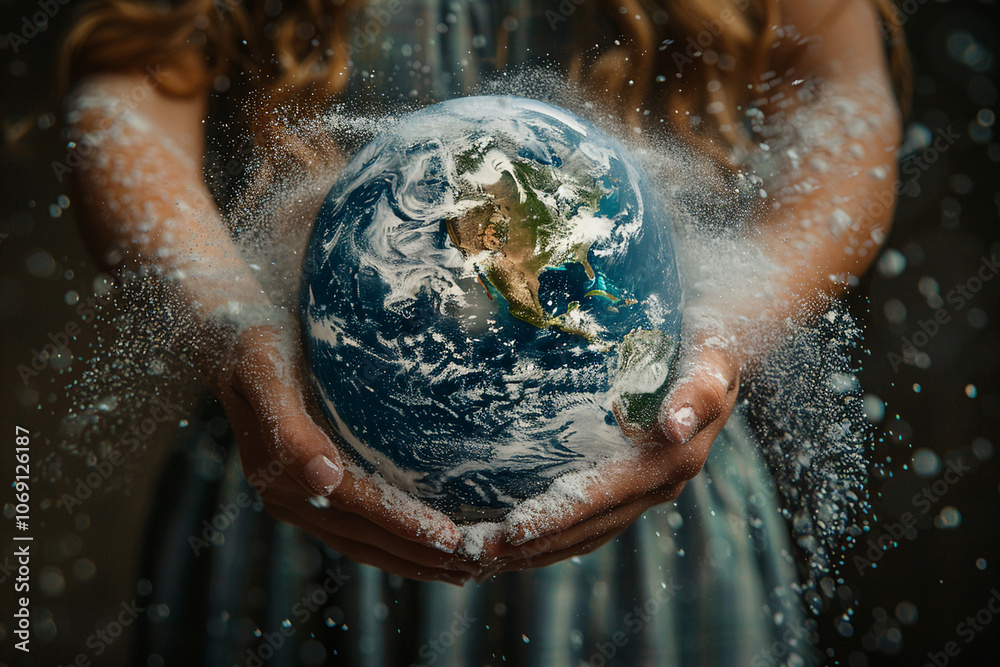 Fototapeta premium Whimsical portrayal of Earth being sprinkled as symbol of care