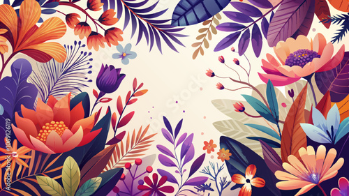 Matisse inspired illustration of different shades of orange, purple and pink flowers all around the corners with a big space in the middle to add a paragraph. Background is white
