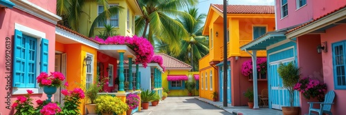 Colorful houses line a narrow street with vibrant flowers and palm trees photo