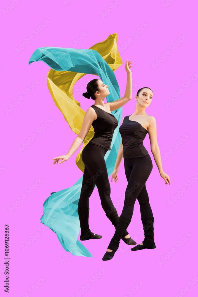 Vertical collage young woman aerobics athlete dancer ballerian professional hobby performance warmup training practicing drawing background Vertical collage young woman aerobics athlete dancer ballerian professional hobby performance warmup training practicing drawing background