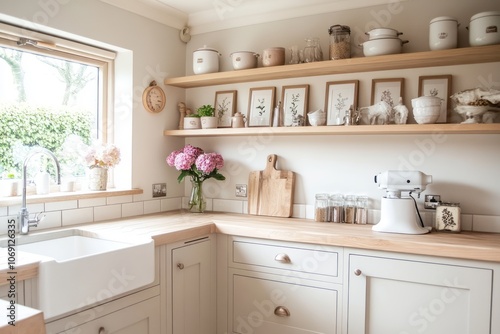 White Kitchen with Wooden Shelving and Pink Flowers