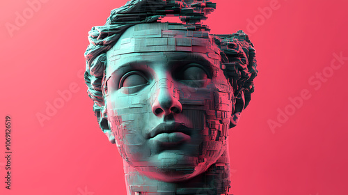 Head sculpture apollo with cyberpunk style and glitch effect. ai generated image. Cyberpunk. Illustration photo