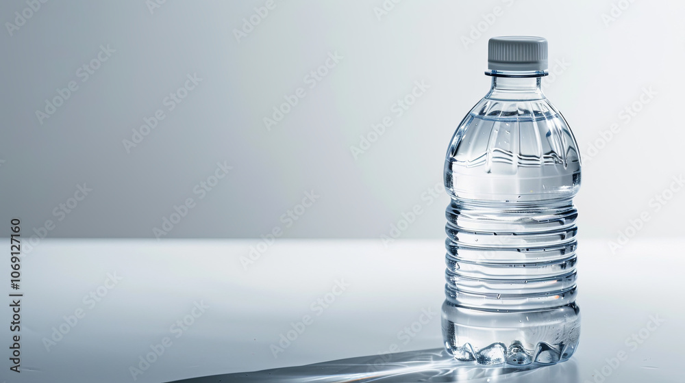 Clean modern water bottle with safety cap and half-filled with clear water on white background, symbolizing hydration and drinking safety, ample copy space for text overlay. Clean modern water bottle with safety cap and half-filled with clear water on white background, symbolizing hydration and drinking safety, ample copy space for text overlay.