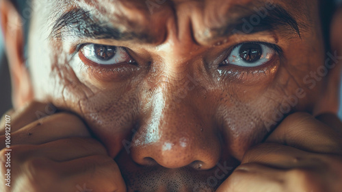 A close-up of a personâs face in a thoughtful, distant stare, expressing frustration and lack of progress. photo