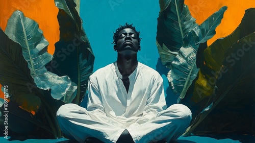 Peaceful Meditation Scene Featuring a Man in White Outfit Against Bold Tropical Leaves, Emphasizing Serenity and Natural Harmony