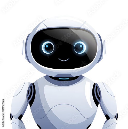 Minimalist Illustration of a Friendly Robot Character with Blue LED Eyes and a Smiling Face on a Transparent Background