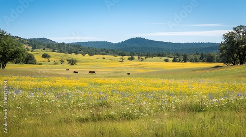 A peaceful meadow dotted with blooming wildflowers and grazing deer extends towards a distant forest, capturing a serene and natural landscape. photo