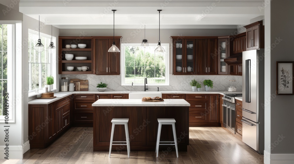 Modern Kitchen with Dark Wood Cabinets and White Island Modern Kitchen with Dark Wood Cabinets and White Island