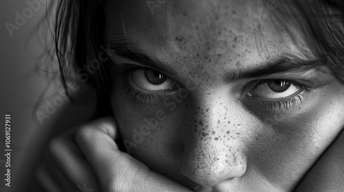 A close-up of a personâs face, chin resting on their hand, looking bored and uninspired. photo