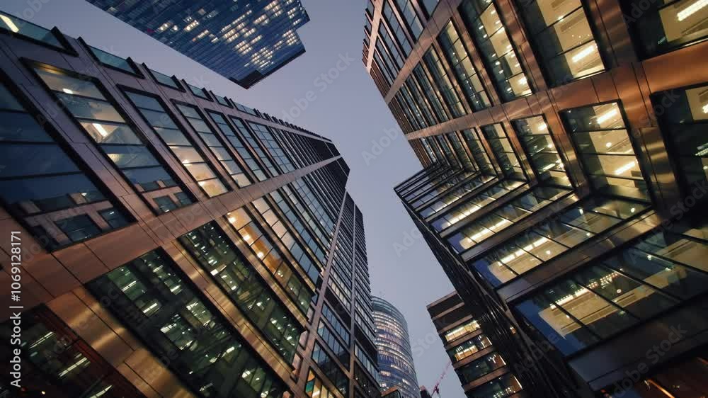 Wide angle gimbal dolly shot downtown high-rise glass skyscrapers in evening, financial district looking up tall modern architecture office buildings city center street, warm lighted windows
