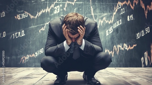 Stressed Businessman Worried about Financial Chart, Stock Market Crash and Economic Downturn Concept photo