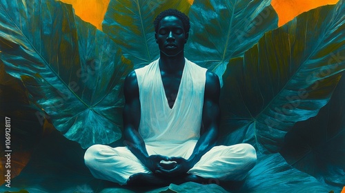 Tranquil Portrait of a Man Meditating Among Lush Tropical Foliage, Wearing White Attire, Surrounded by Rich Greens and Warm Background Hues
