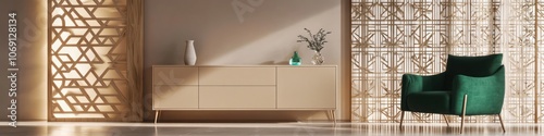 Modern entrance hall with stylish wooden screen and soft lighting.