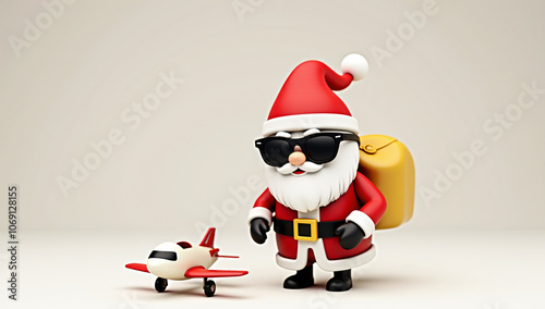 Santa Claus with sunglasses and a yellow backpack stands beside a toy airplane, giving a modern twist to his travel style. Great for holiday travel-themed content.