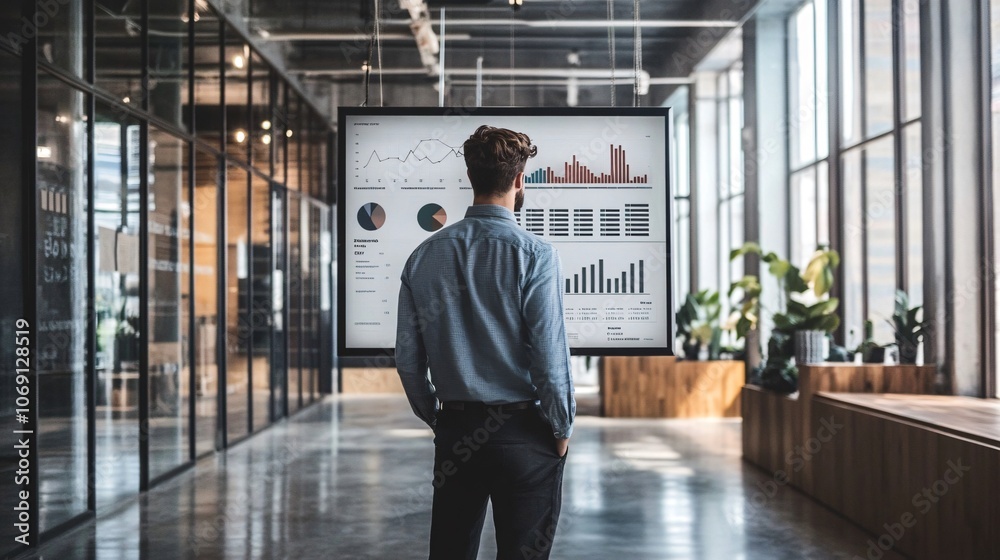 Businessman Analyzing Data on Large Screen in Modern Office Businessman Analyzing Data on Large Screen in Modern Office