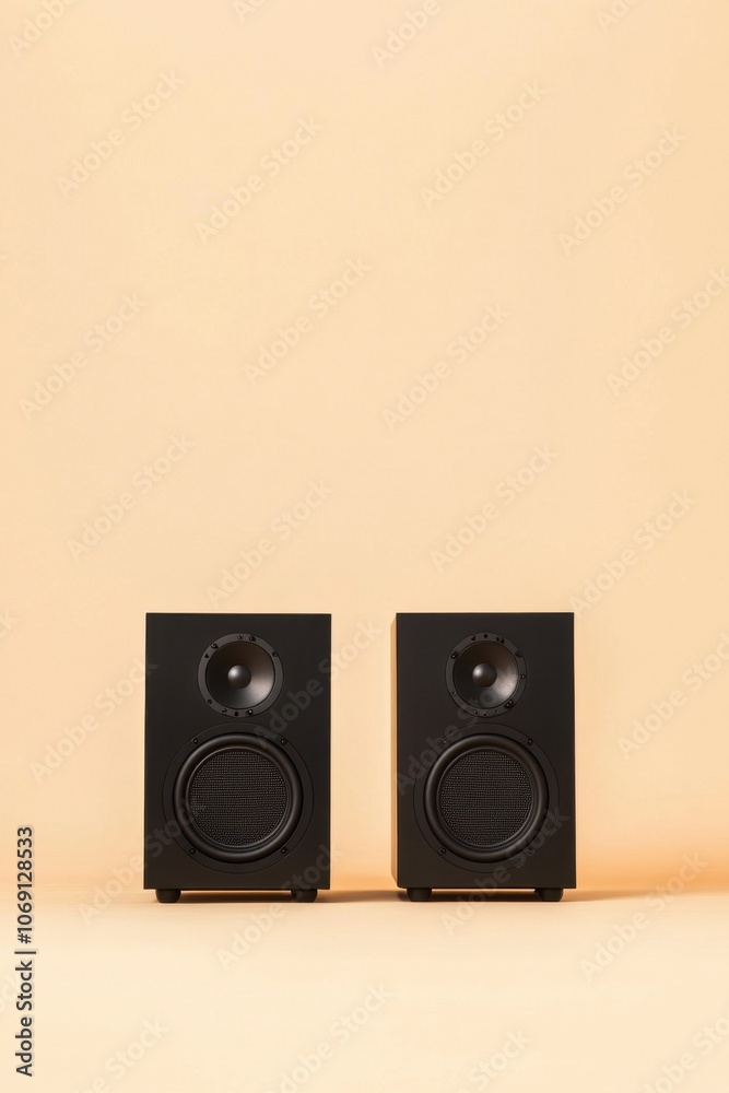 modern black audio speakers on a warm-toned background modern black audio speakers on a warm-toned background