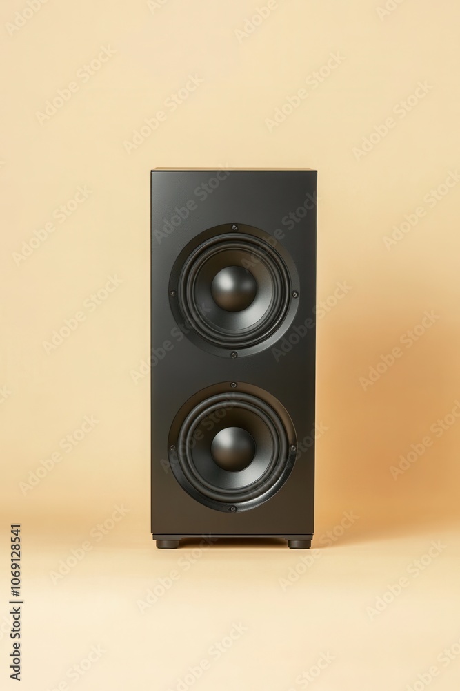 modern black audio speaker system on a warm yellow background modern black audio speaker system on a warm yellow background