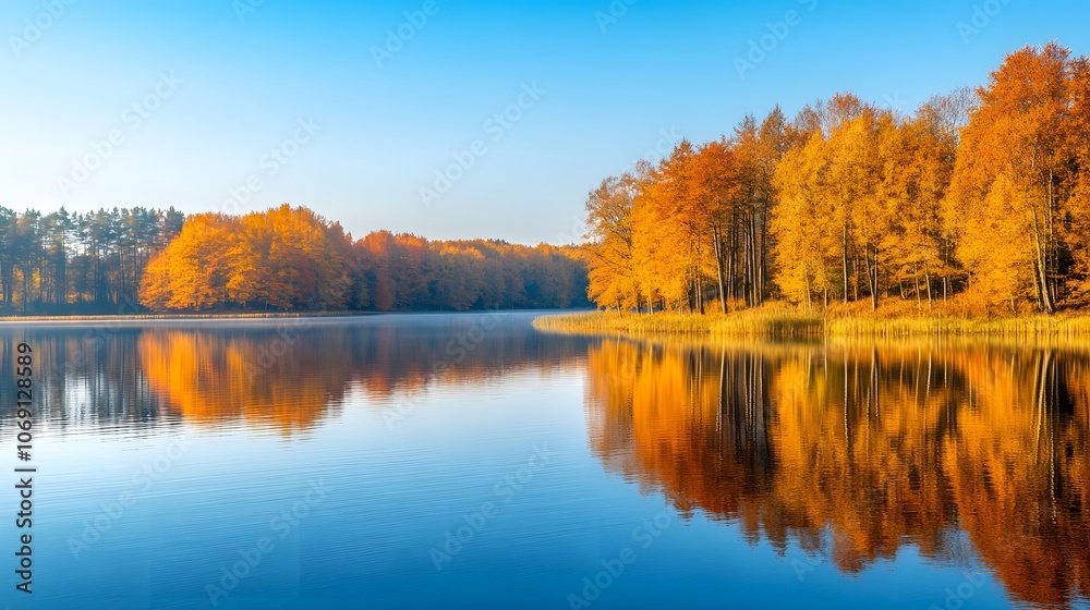 Obraz premium A picturesque lake surrounded by autumn trees, their vibrant colors perfectly mirrored in the calm, reflective water