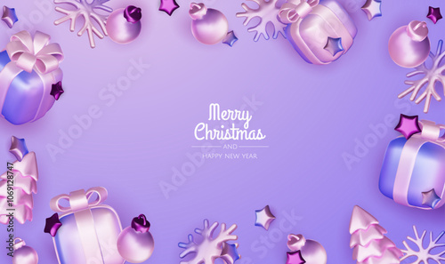 Happy New Year and Merry Christmas. Christmas holiday background with realistic 3d objects, violet and white bauble balls, conical metal stars, gift. Levitation falling design composition.