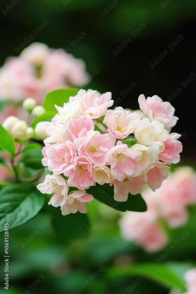 Obraz premium Delicate pink and white flowers in bloom against a lush green background
