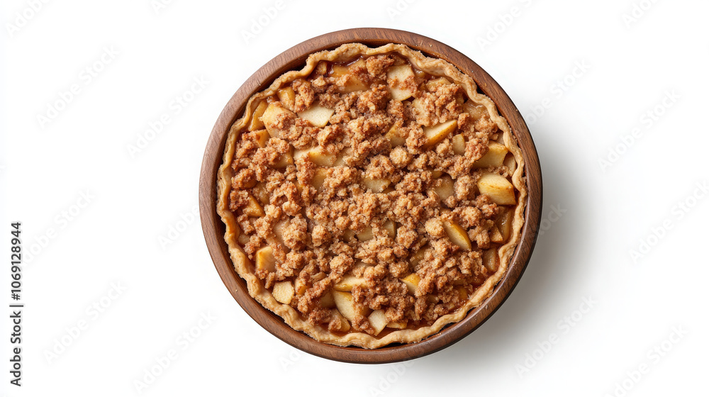 A delicious apple pie topped with a crumbly mixture in a wooden bowl. A delicious apple pie topped with a crumbly mixture in a wooden bowl.