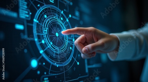 Technology Abstract Background with Hand Touching Circular Virtual Diagram Innovation and Network Concept