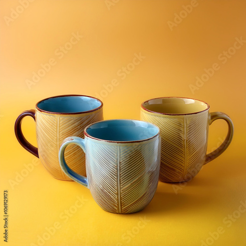 vintage ceramic coffee mugs, isolated on a yellow pastel photo