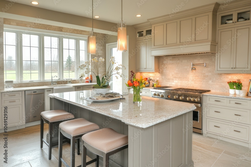 Modern Kitchen Island with Granite Countertop and Stools Modern Kitchen Island with Granite Countertop and Stools