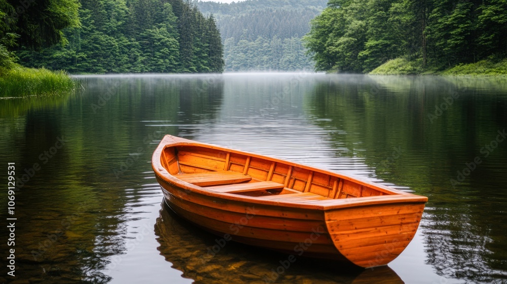 A serene wooden boat floats on a tranquil lake, surrounded by lush greenery and misty mountains, Perfect for nature-themed projects, travel blogs, or meditation imagery, A serene wooden boat floats on a tranquil lake, surrounded by lush greenery and misty mountains, Perfect for nature-themed projects, travel blogs, or meditation imagery,