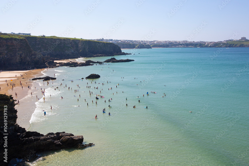 Skyline of Lusty Glaze with Newquay in background in Cornwall