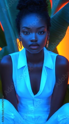 Striking Fashion Portrait of a Confident Woman in White Attire with Dramatic Lighting and Tropical Leaves Background