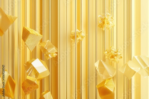 Vibrant interior with pastel yellow 3D wallpaper and golden geometry.