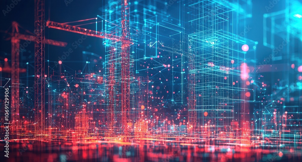 Fototapeta premium Futuristic digital cityscape with vibrant neon colors and abstract lines