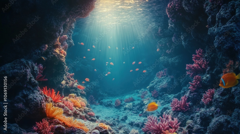 A sunbeam illuminates a vibrant coral reef teeming with life, casting a magical glow on the underwater landscape.