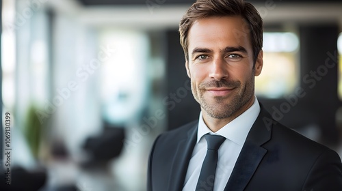 A professional business headshot of a confident man in a suit, with a blurred office background. The image exudes professionalism and confidence, perfect for corporate profiles. photo